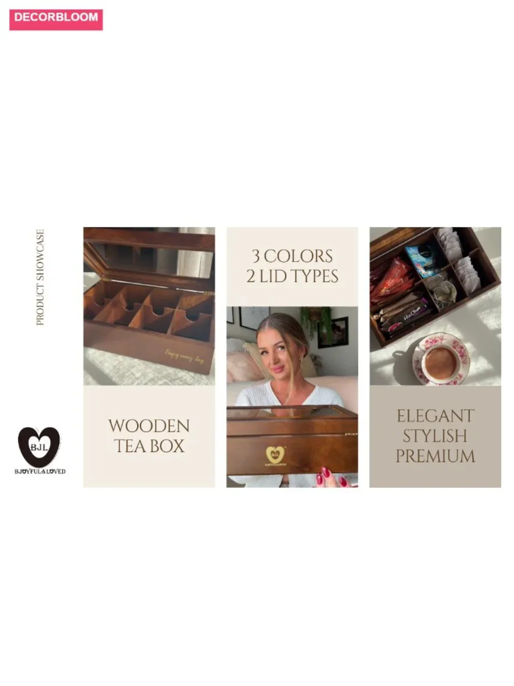 Wooden Tea Box with Glass Lid, 8 Compartments, Removable Dividers